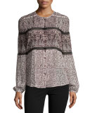 Pintucked Printed Silk Blouse, Nude