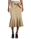 Belted Flounce Midi Skirt, Tan