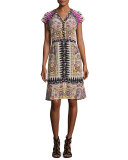 Paisley Floral-Trim V-Neck Flounce Dress, Fuchsia