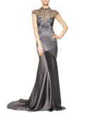 Sheer-Back Beaded Satin Gown
