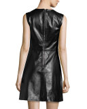 Sleeveless Laser-Cut Leather Dress, Black