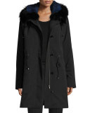 Hooded Fur-Trim Coat w/ Removable Fur Lining, Black/Blue