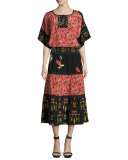 Mixed-Print Tiered Peasant Skirt, Salmon/Black
