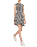Striped Cap-Sleeve Flounce Dress, Black/Cream