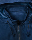 Packable Hooded Leather Jacket, Metallic Blue