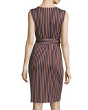 Ashlie Sleeveless Rickrack Stripe Silk Dress, Khaki/Orange/Midnight