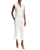 Shawl-Collar Sleeveless Crepe Jumpsuit, White
