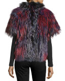 Short-Sleeve Boxy Fox Fur Jacket, Multicolor