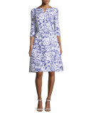 Floral 3/4-Sleeve A-Line Dress, Blue Violet/White