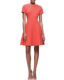 Short-Sleeve Matelasse Fit-&-Flare Dress, Coral