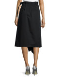 Asymmetric Ruffle Wrap Midi Skirt, Black