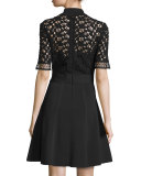 Half-Sleeve Lace-Bodice Shirtdress, Black