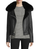Pomono Merino Silky Leather Shearling-Lined Jacket w/Fox Fur Collar
