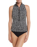 Kai Zip-Front Tankini Swim Top, Black/White