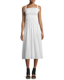 Gathered Poplin Midi Dress, Off White