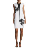 Bold Floral-Print Sleeveless Shift Dress, White