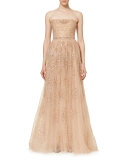 Star-Embellished Strapless Gown, Nude