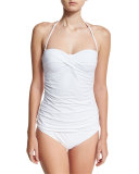 Pearl Solid Shirred Twist-Front Bandini Swim Top, White