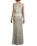 Cap-Sleeve Lace Column Gown