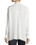 Silk Long-Sleeve Popover Blouse, Off White