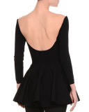 Long-Sleeve Flounce-Hem Top, Black
