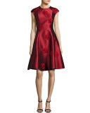 Cap-Sleeve Fit-and-Flare Jacquard Dress, Garnet