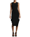Sleeveless Stretch Crepe Ruffle-Trim Midi Dress, Black