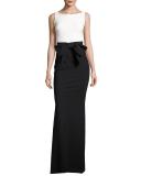 Sleeveless Two-Tone Jersey Column Gown, Black/White