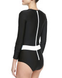 Long-Sleeve One-Piece Swimsuit, Black/White