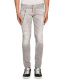Distressed Skinny Jeans w/Removable Chain, Gray