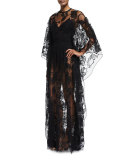 Sheer Floral-Lace Long-Sleeve Gown, Black