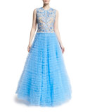Sleeveless Embroidered-Bodice Ball Gown, French Blue