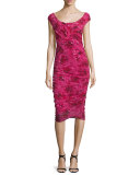 Cap-Sleeve Ruched Rose-Print Dress 