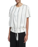 Short-Sleeve Paneled Satin Drawstring Top, Gesso