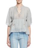 Joy Short-Sleeve Striped Semisheer Top, Blue