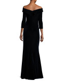 Off-the-Shoulder Stretch Velour Gown, Slate Blue