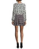 Tiered Floral Silk Skirt, Black/Multicolor