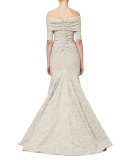 Textured Off-the-Shoulder Mermaid Gown, White Gold