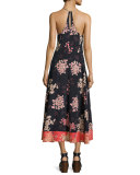 Phlox Sleeveless Floral-Print Silk Maxi Dress, Navy