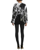 Long-Sleeve Floral-Print Caftan, Black/White