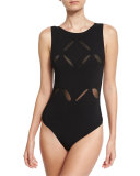 Mesh-Insert High-Neck One-Piece Swimsuit, Black