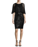 Sequined Capelet Sheath Dress, Black