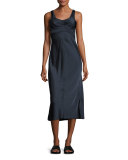 Sleeveless Ruched Satin Slip Dress, Navy