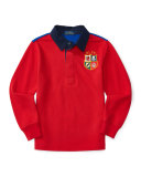 Long-Sleeve Cotton Mesh Two-Tone Rugby Shirt, Red, Size 2-7