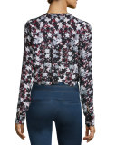 Goldie Floral Silk Tuxedo Blouse, Black/Navy/Red/White