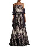 Strapless Embroidered Ball Gown, Purple/Gold