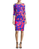 Stefania Floral Cold-Shoulder Cocktail Dress, Fuchsia/Blue