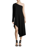 Asymmetric One-Shoulder Long-Sleeve Dress, Black