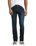 Dark-Wash Straight-Leg Stretch-Denim Jeans with Red Stitching, Blue