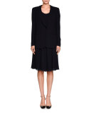 Short-Sleeve Pleated A-Line Dress, Navy